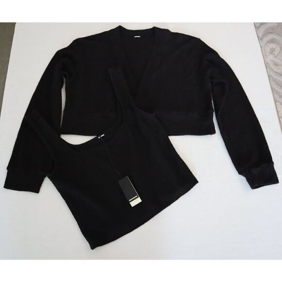 Monrow Women Sz S Black French Terry Tank Top & L/S Cropped Shirt 2-Pc Set - Picture 1 of 11